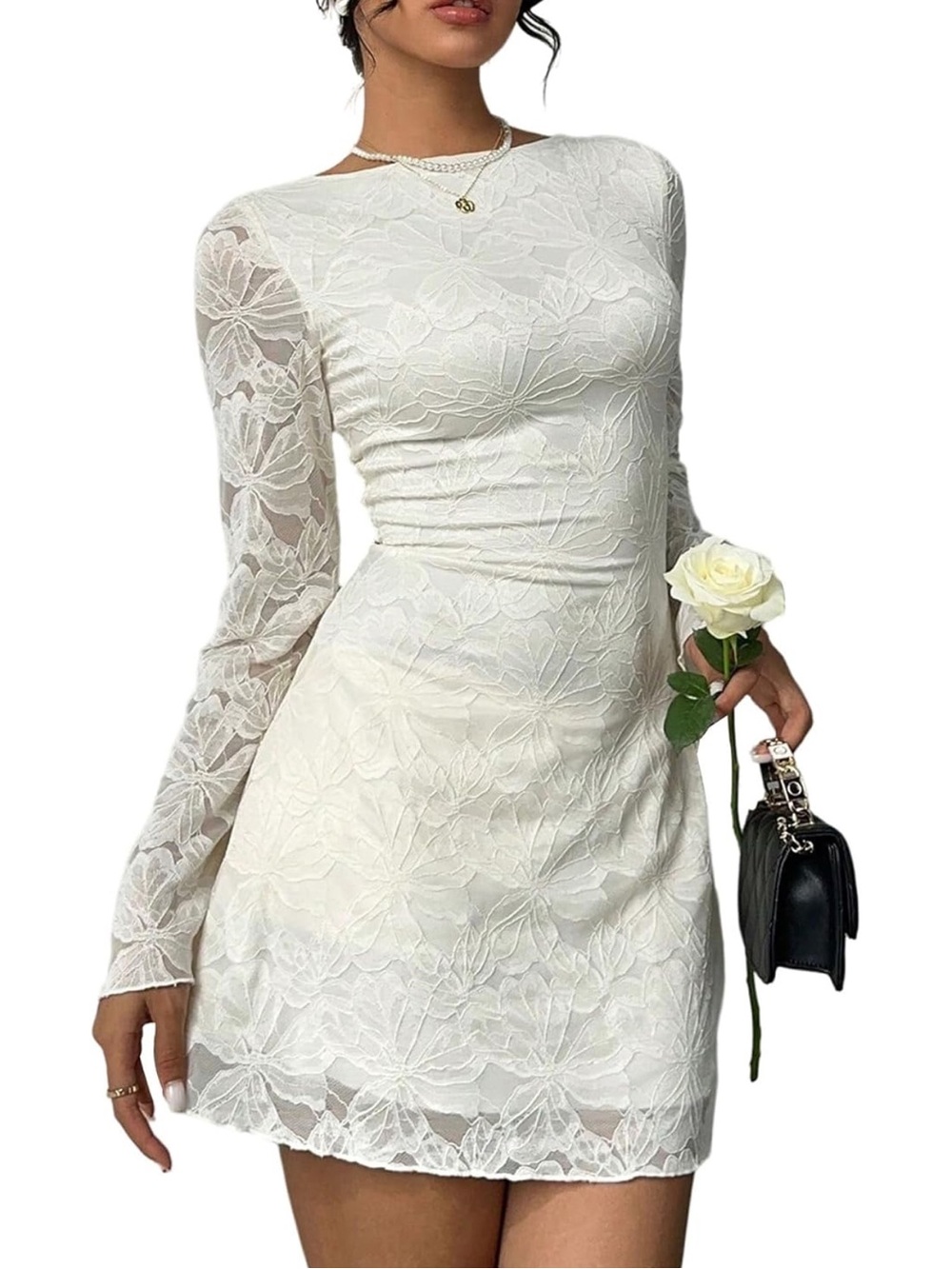 Verdusa Women's Sheer Bell Sleeve Floral Lace Tie Backless Mini Dress